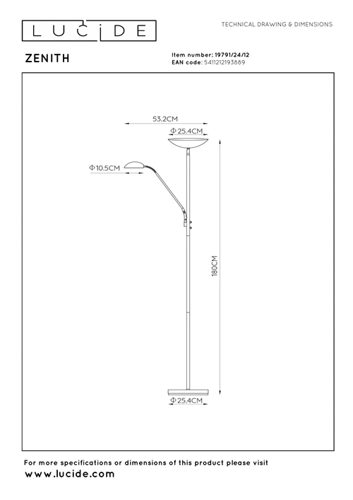 Lucide ZENITH - Floor reading lamp - LED Dim. - 3000K - Satin Chrome - technical
